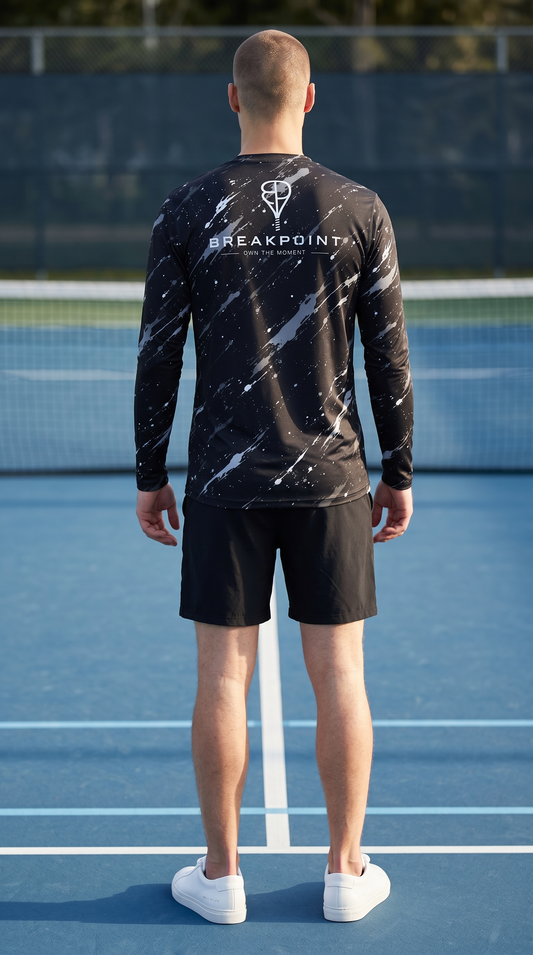 BREAKPOINT Splatter Strike Black Long Sleeve Performance Tee — alternate view of black long sleeve performance shirt with splatter pattern