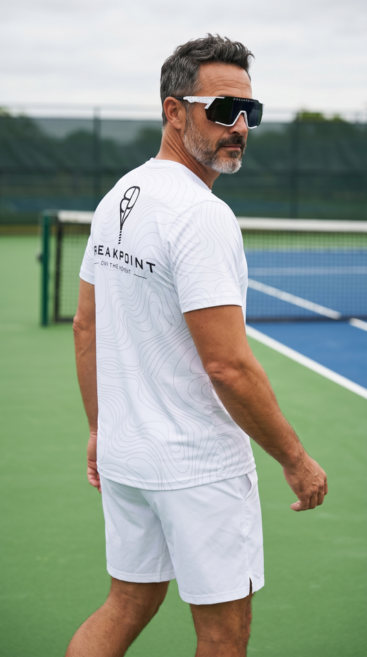 BREAKPOINT Topo Flow White Performance Tee — alternate view of white performance shirt with Topo Flow topographic pattern