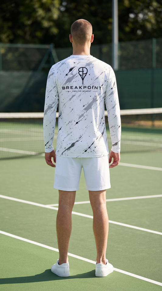 BREAKPOINT Splatter Strike White Long Sleeve Performance Tee — alternate view of white long sleeve shirt with splatter pattern