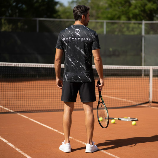 Male athlete wearing a BREAKPOINT Sportswear black splatter print tennis tee on a clay court holding a racquet.