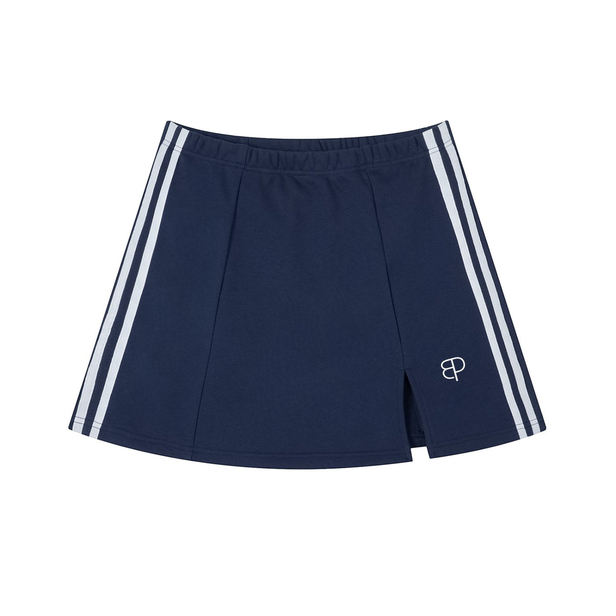 A smiling blonde model wearing a navy blue BREAKPOINT Sportswear cotton-blend mini skirt with a white side stripe and slit.