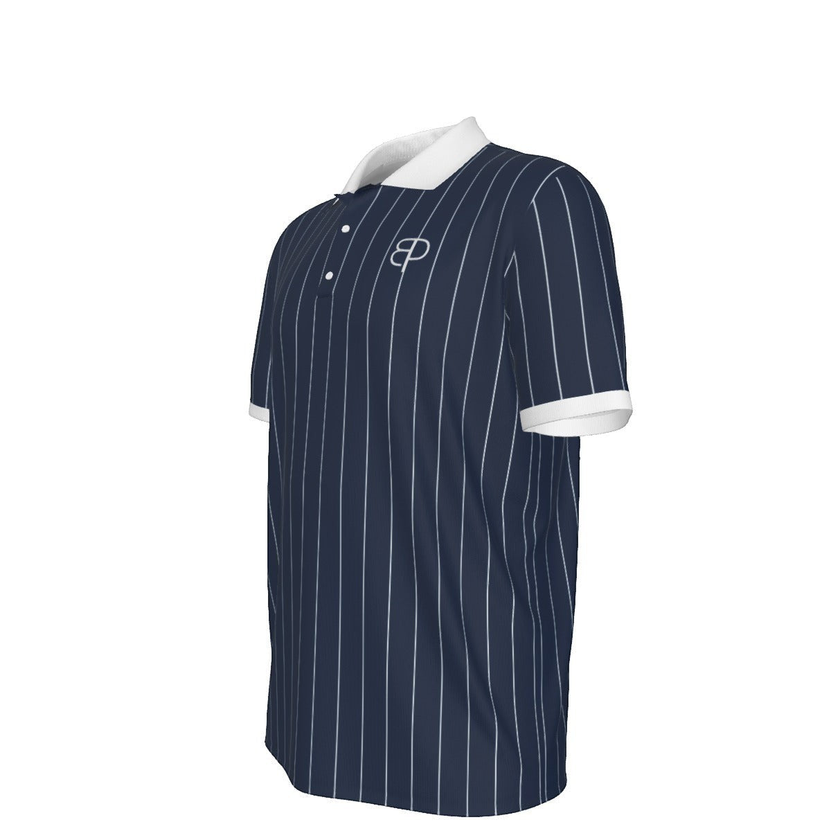 BREAKPOINT Sportswear navy blue pinstripe polo shirt with white collar and cuffs in a soft elastic microfiber fabric.