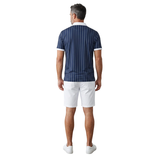 Rear view of a man wearing a BREAKPOINT Sportswear navy blue pinstripe polo shirt with white collar and trim.