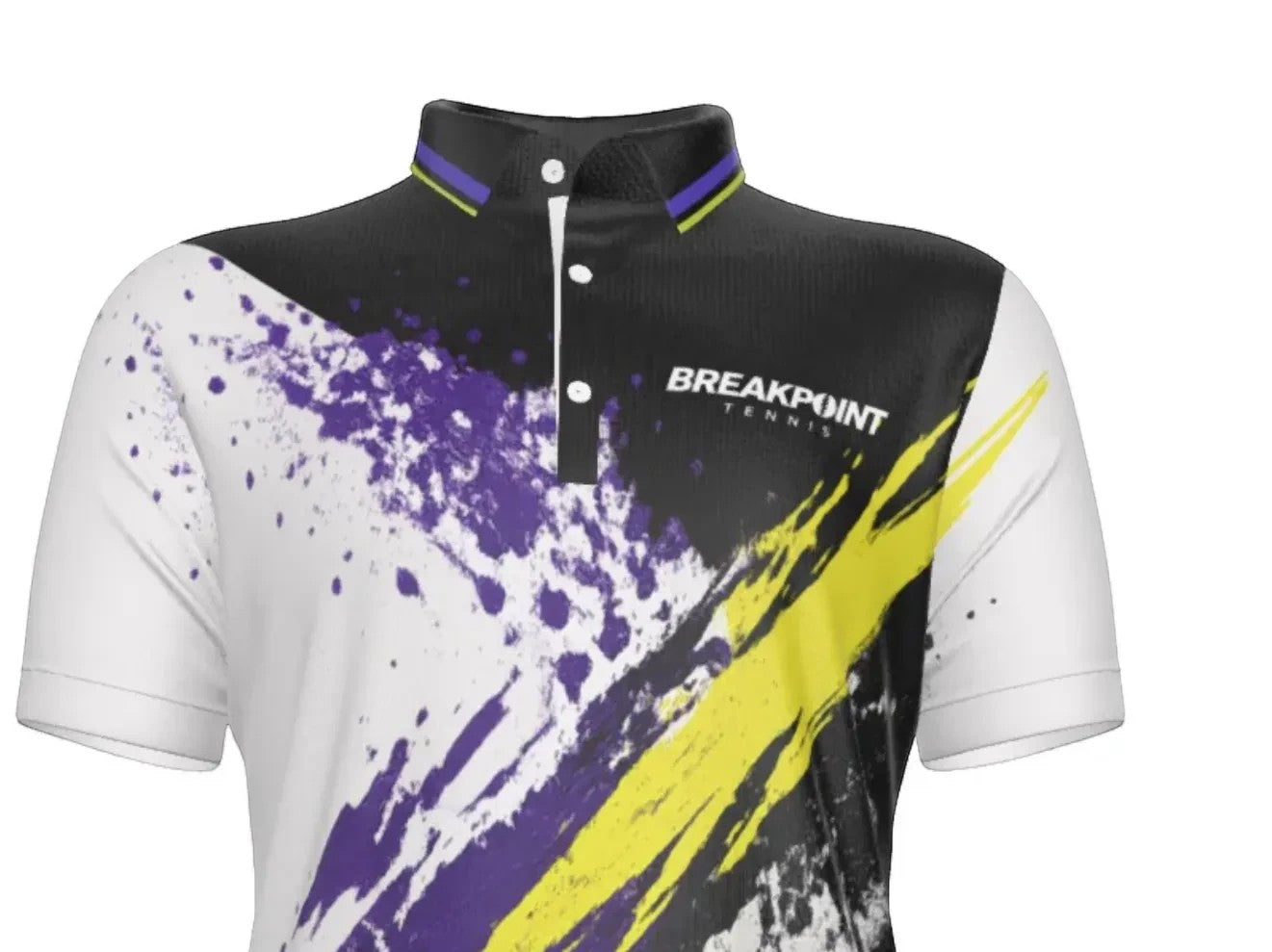 BREAKPOINT Sportswear men's athletic polo shirt with black, white, purple, and yellow paint splatter design.