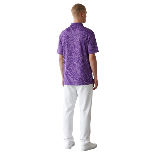 BREAKPOINT Sportswear purple performance polo with white topographic print, worn by a man from the back view.