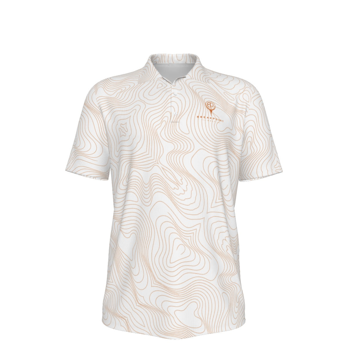 BREAKPOINT white and burnt orange Tradition performance golf polo, away colorway, three-button collar