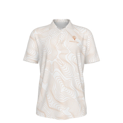 BREAKPOINT white and burnt orange Tradition performance golf polo, away colorway, three-button collar