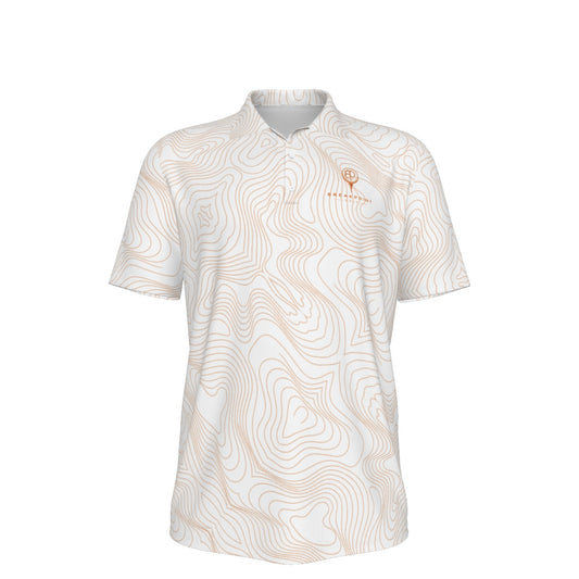 BREAKPOINT white and burnt orange Tradition performance golf polo, away colorway, three-button collar
