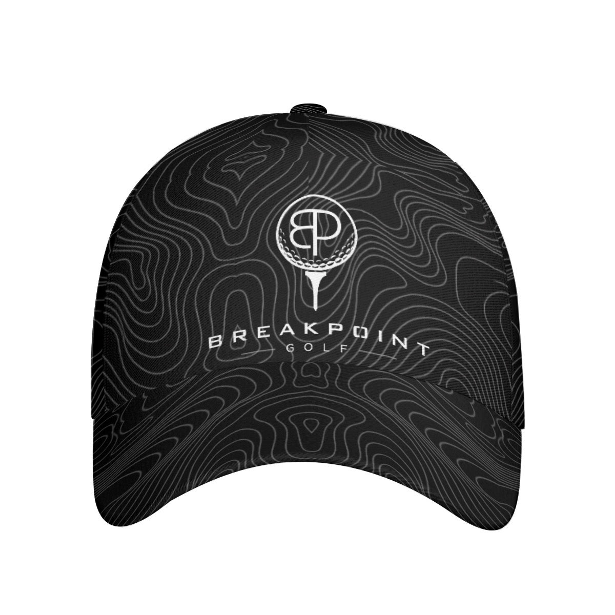 BREAKPOINT Sportswear all-over print performance cap, front view showing the curved peak