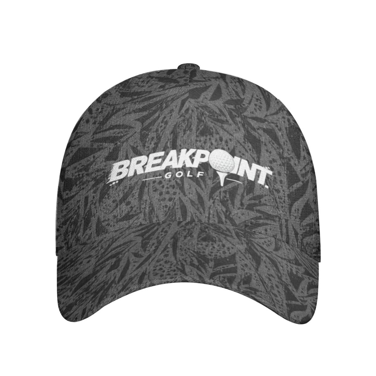 BREAKPOINT Sportswear all-over print snapback cap, front view showing the curved peak
