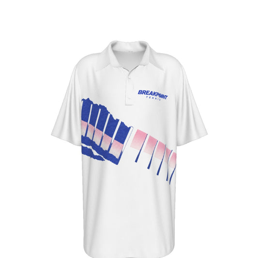 BREAKPOINT Youth Tiebreak '91 retro tennis polo for kids, blue and pink torn strip graphic