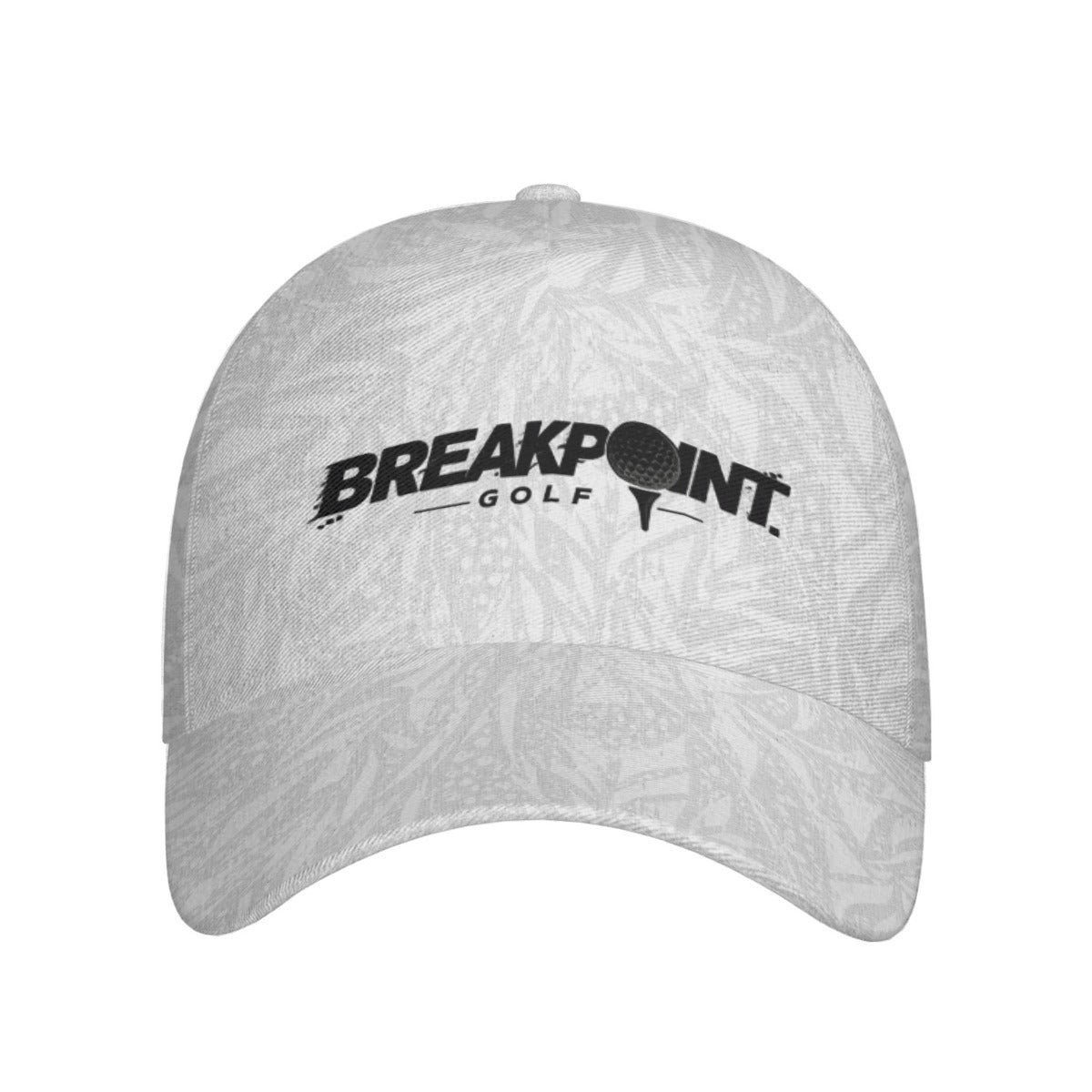 BREAKPOINT Sportswear all-over print snapback cap, front view showing the curved peak
