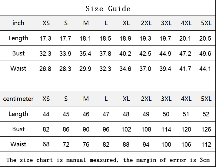 Size and measurement chart for the BREAKPOINT women's all-over print performance tank, sizes XS to 5XL