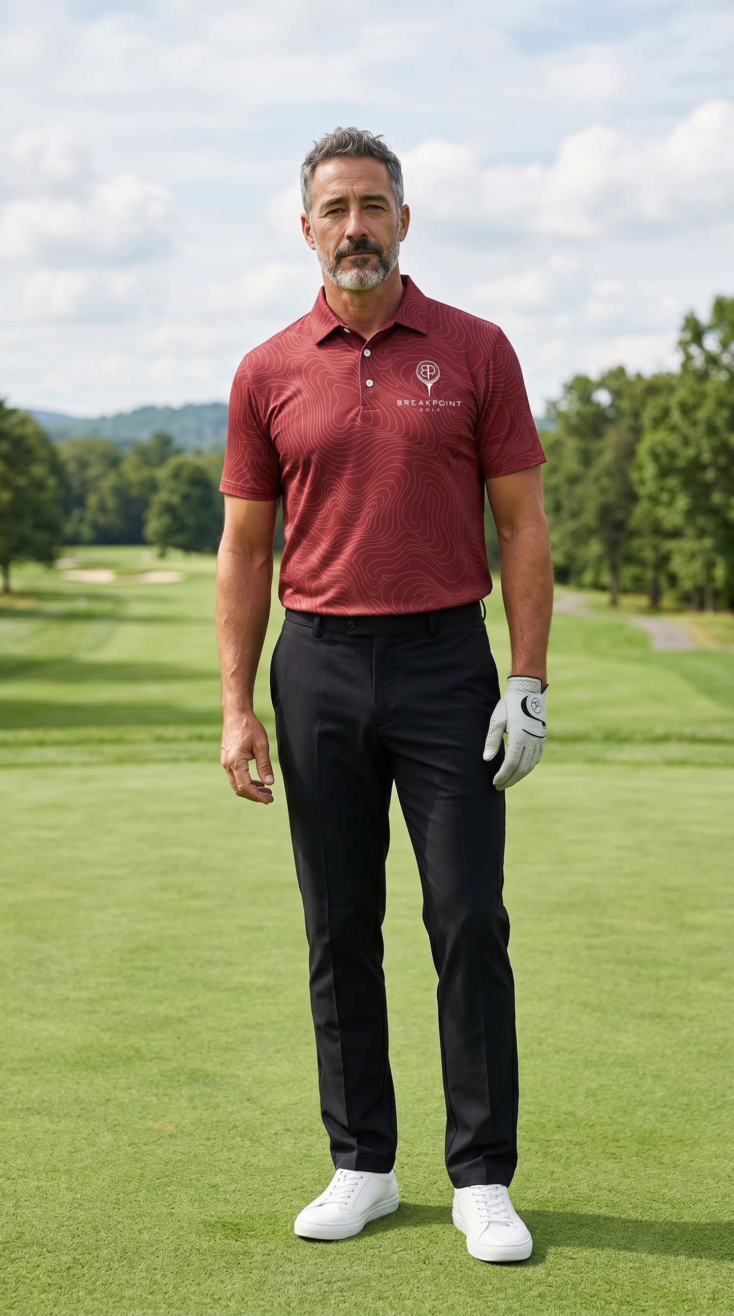BREAKPOINT crimson Tradition performance golf polo, home colorway, heavyweight stretch knit with three-button collar