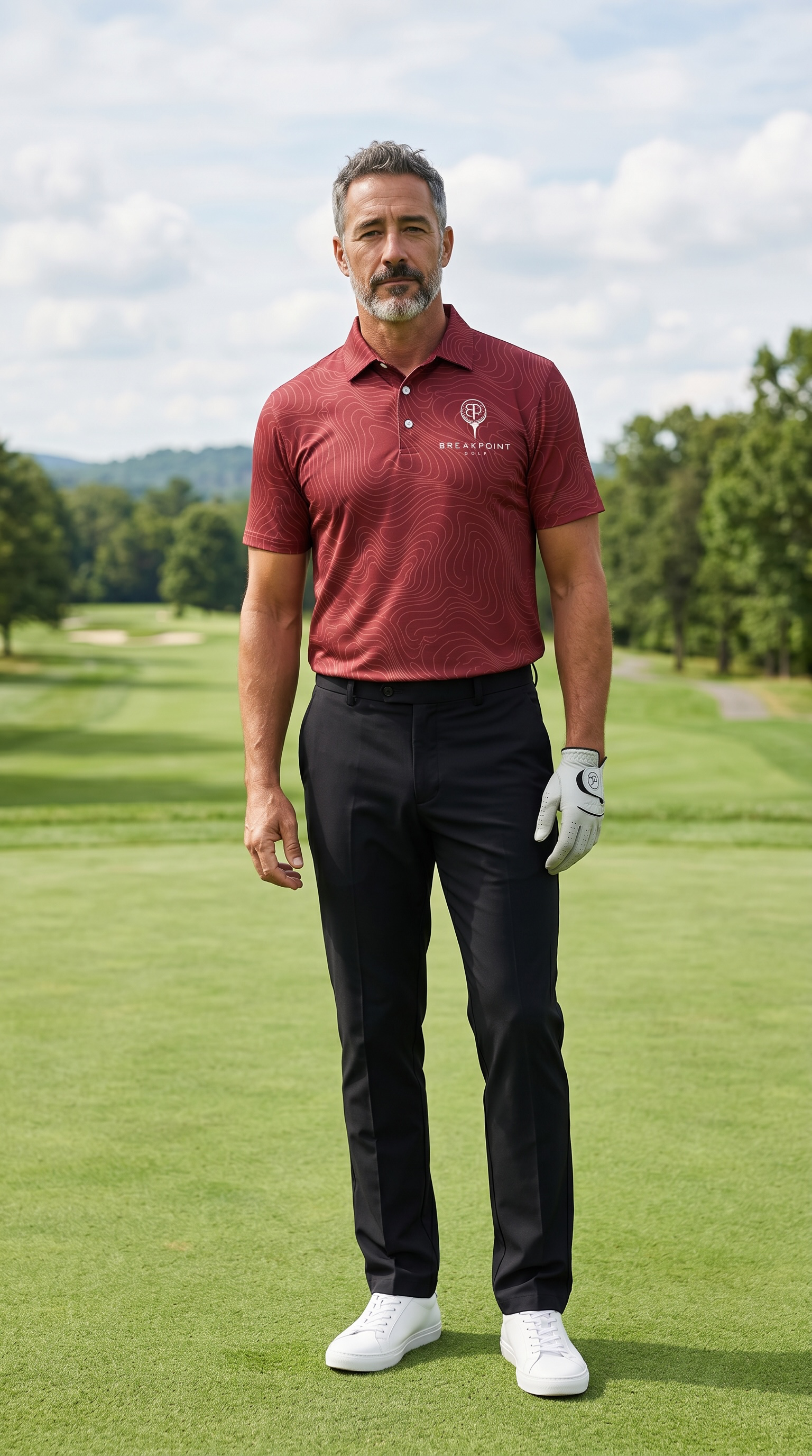 BREAKPOINT crimson Tradition performance golf polo, home colorway, heavyweight stretch knit with three-button collar