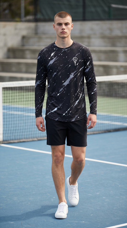 BREAKPOINT Splatter Strike Black Long Sleeve Performance Tee — black long sleeve tennis shirt with white splatter print