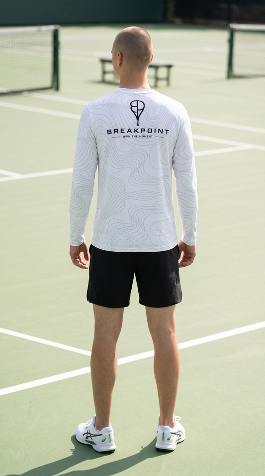 BREAKPOINT Topo Flow White Long Sleeve Performance Tee — additional view of white long sleeve tennis shirt with grey topographic print