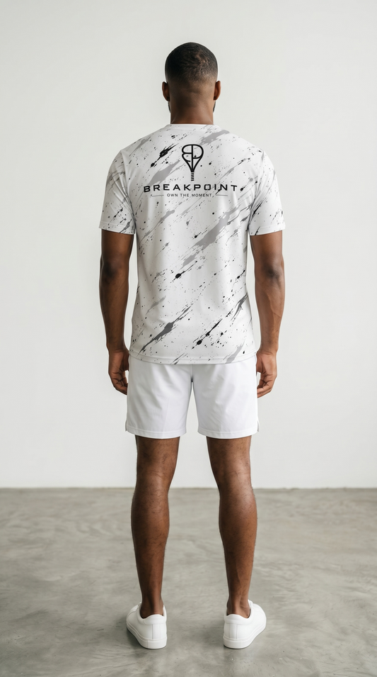 BREAKPOINT Splatter Strike White Performance Tee — alternate view of white performance shirt with black splatter pattern