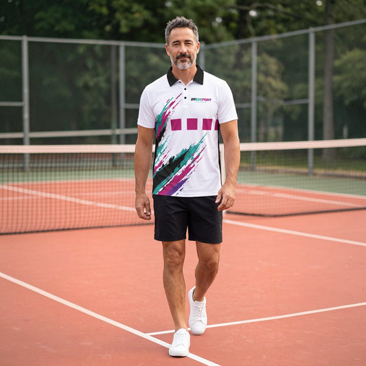 BREAKPOINT Deuce '92 retro tennis polo with 1990s jazz cup splatter print on white stretch knit