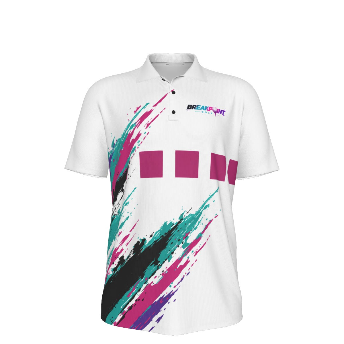 BREAKPOINT Sportswear 90s-inspired white golf polo with teal, magenta, and black abstract brushstroke graphic print.