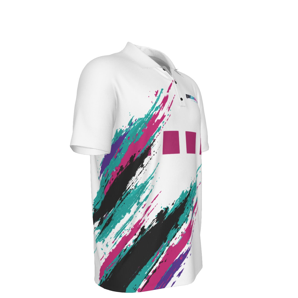 BREAKPOINT Sportswear '92 golf polo featuring a white base with 90s-inspired teal, magenta, and black brushstroke print.