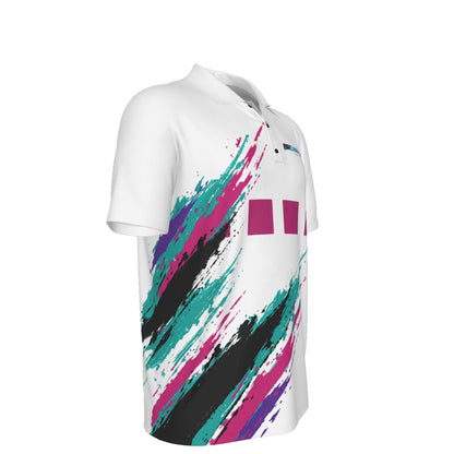 BREAKPOINT Sportswear '92 golf polo featuring a white base with 90s-inspired teal, magenta, and black brushstroke print.