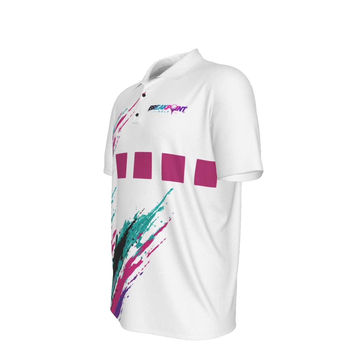 BREAKPOINT Sportswear '92 golf polo in white with 90s-inspired pink and teal abstract graphic print and three-button collar