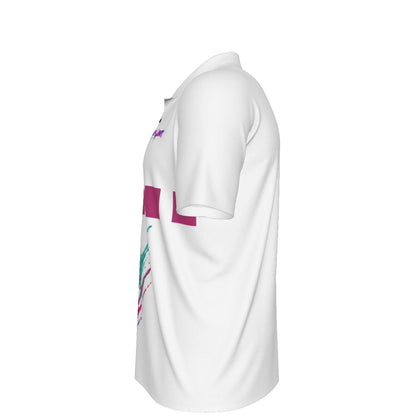 BREAKPOINT Sportswear '92 golf polo in white with a 90s-inspired magenta and teal graphic print on the side