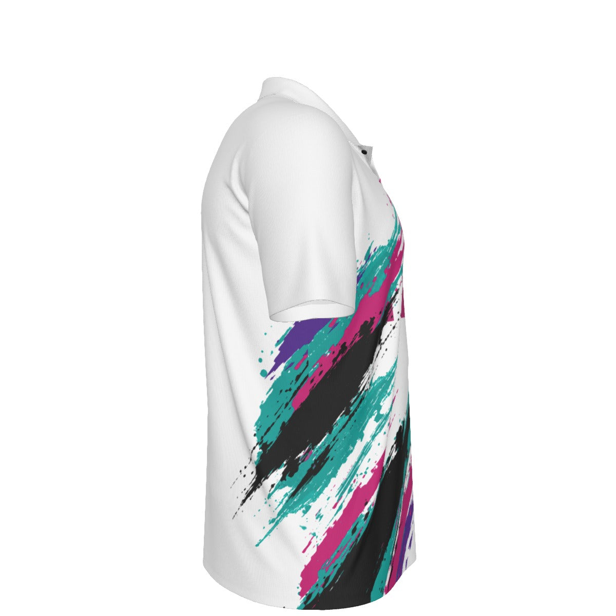BREAKPOINT Sportswear BREAKPOINT '92 golf polo with a white base and 90s-inspired teal, magenta, and black paint splatter.