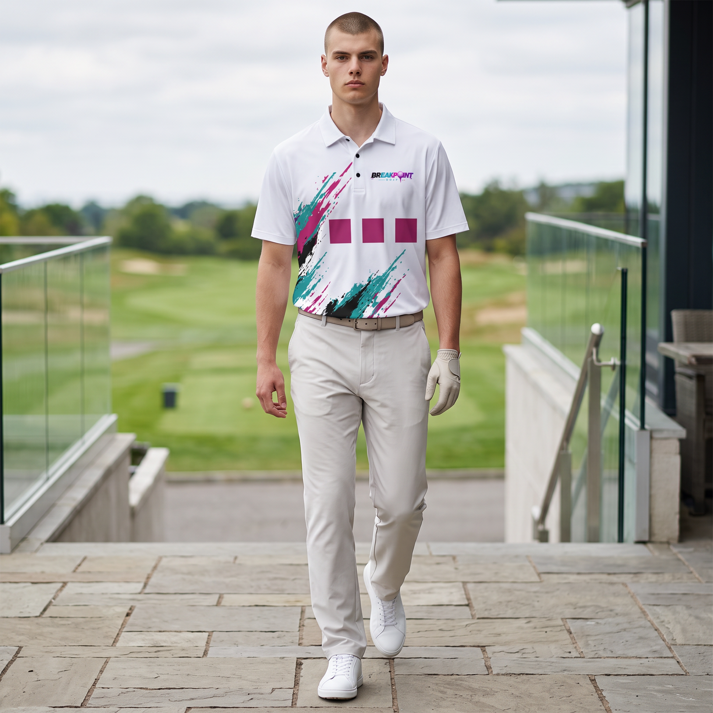BREAKPOINT Sportswear '92 golf polo with 90s-inspired graphic print on white heavyweight stretch knit fabric