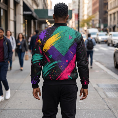 BREAKPOINT Sportswear men's windbreaker jacket with vibrant abstract paint splatter print, worn on a city street.