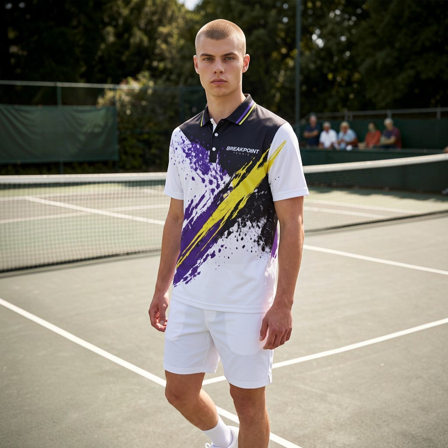 BREAKPOINT Sportswear men's athletic polo shirt with purple and yellow paint splatter design on a tennis court