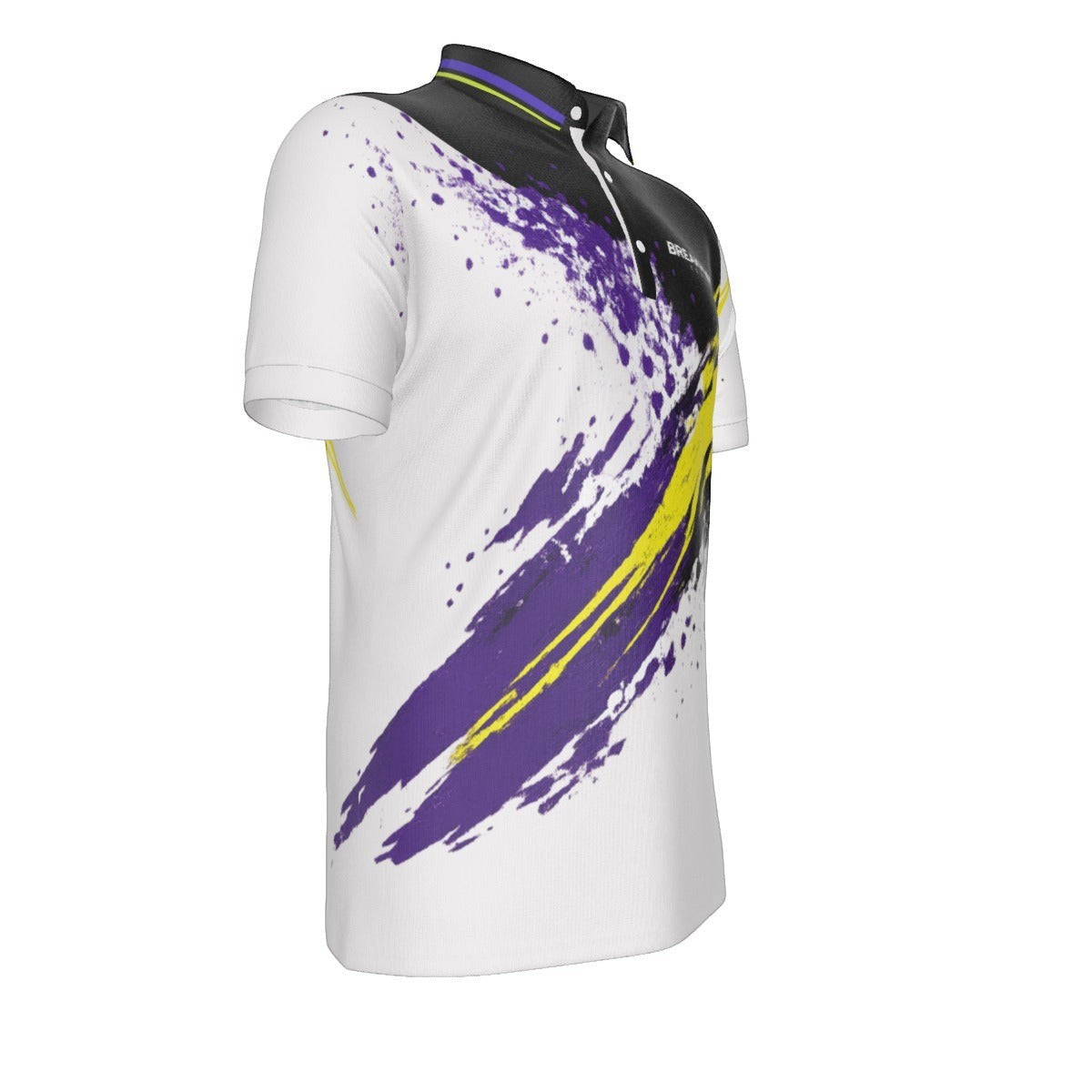 BREAKPOINT Sportswear men's athletic polo shirt in white with purple and yellow paint splatter design and collar