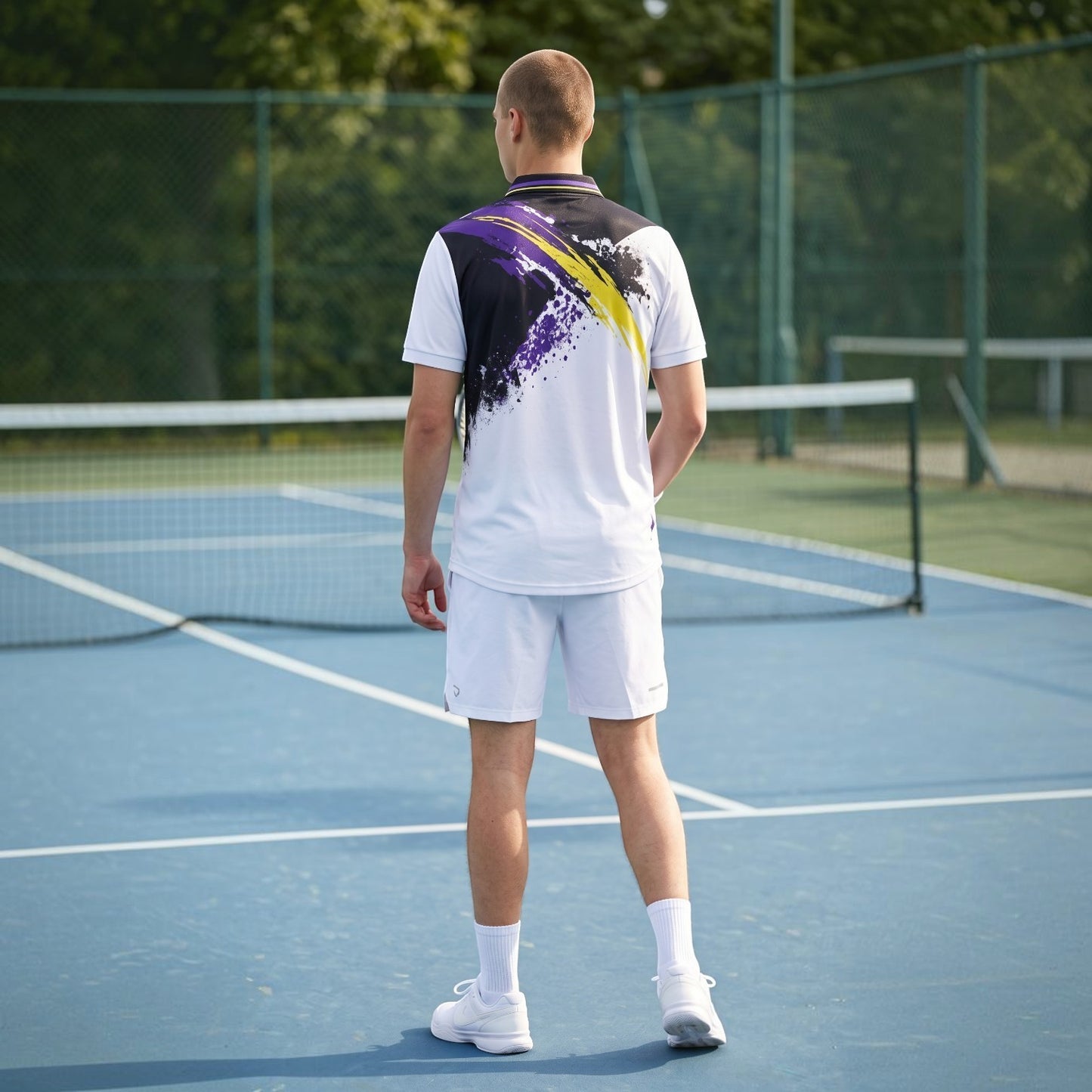 BREAKPOINT Sportswear men's athletic polo shirt with white, black, and purple abstract print on a tennis court