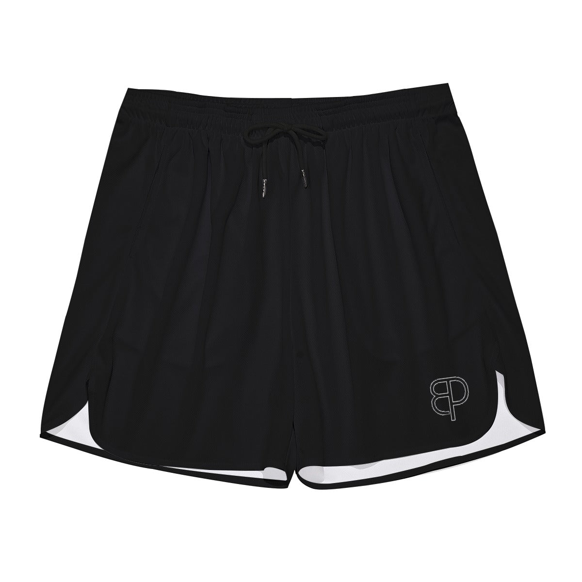 BREAKPOINT Sportswear black athletic shorts with side-split hems and white trim, featuring a lightweight polyester fit.