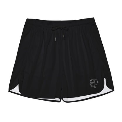 BREAKPOINT Sportswear black athletic shorts with side-split hems and white trim, featuring a lightweight polyester fit.