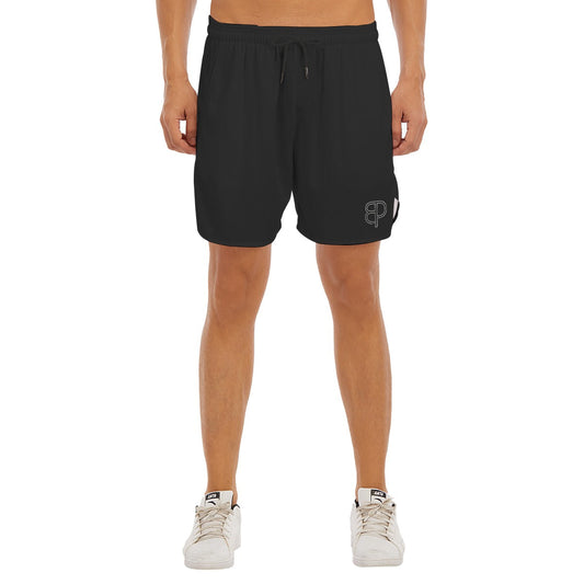 BREAKPOINT Sportswear black athletic shorts with side-split hem and white logo on leg worn by a male model
