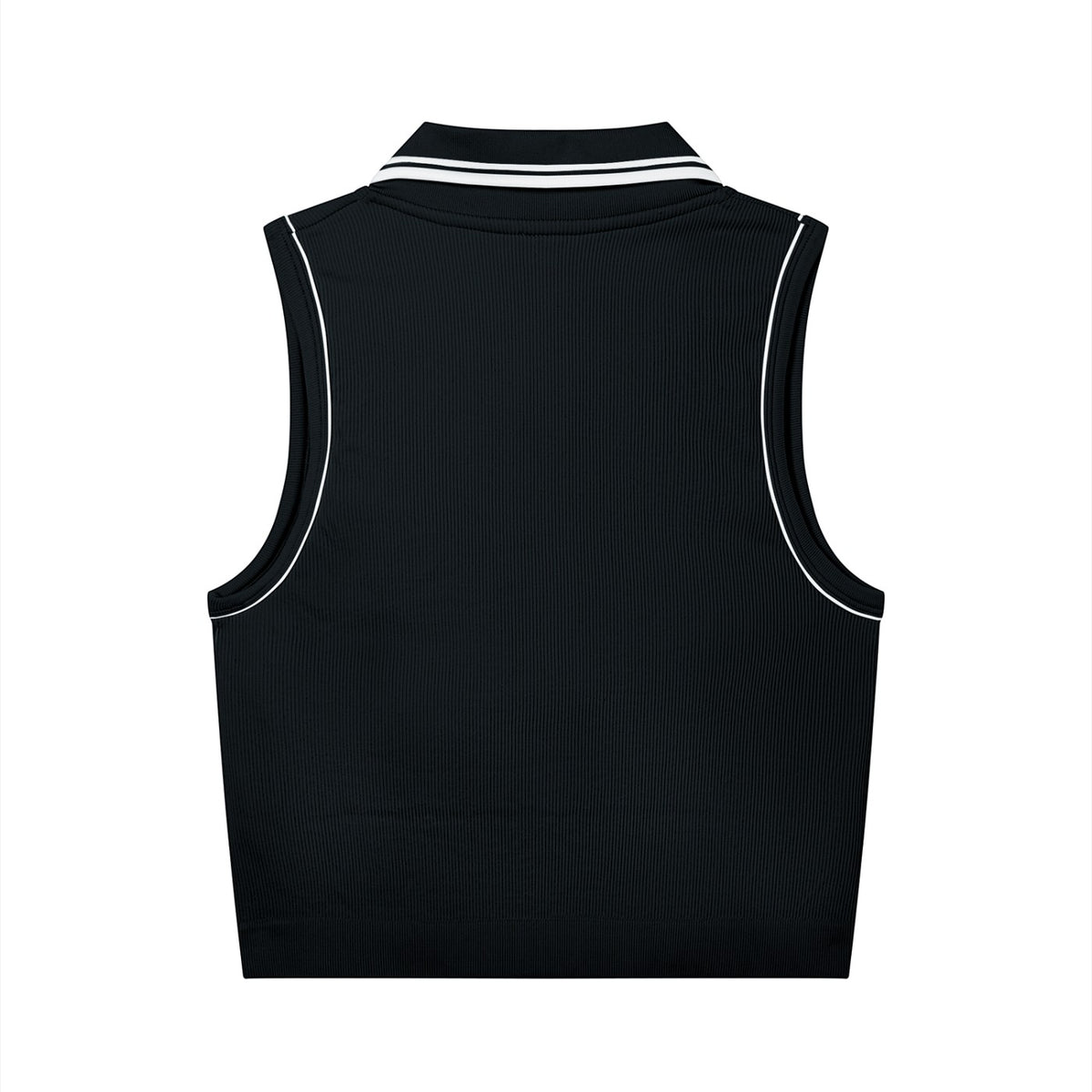 BREAKPOINT Sportswear black cropped polo tank with white contrast trim on the collar and armholes, back view.