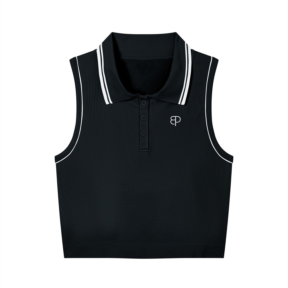 BREAKPOINT Sportswear black cropped polo tank with white contrast trim on collar and armholes, button placket front.