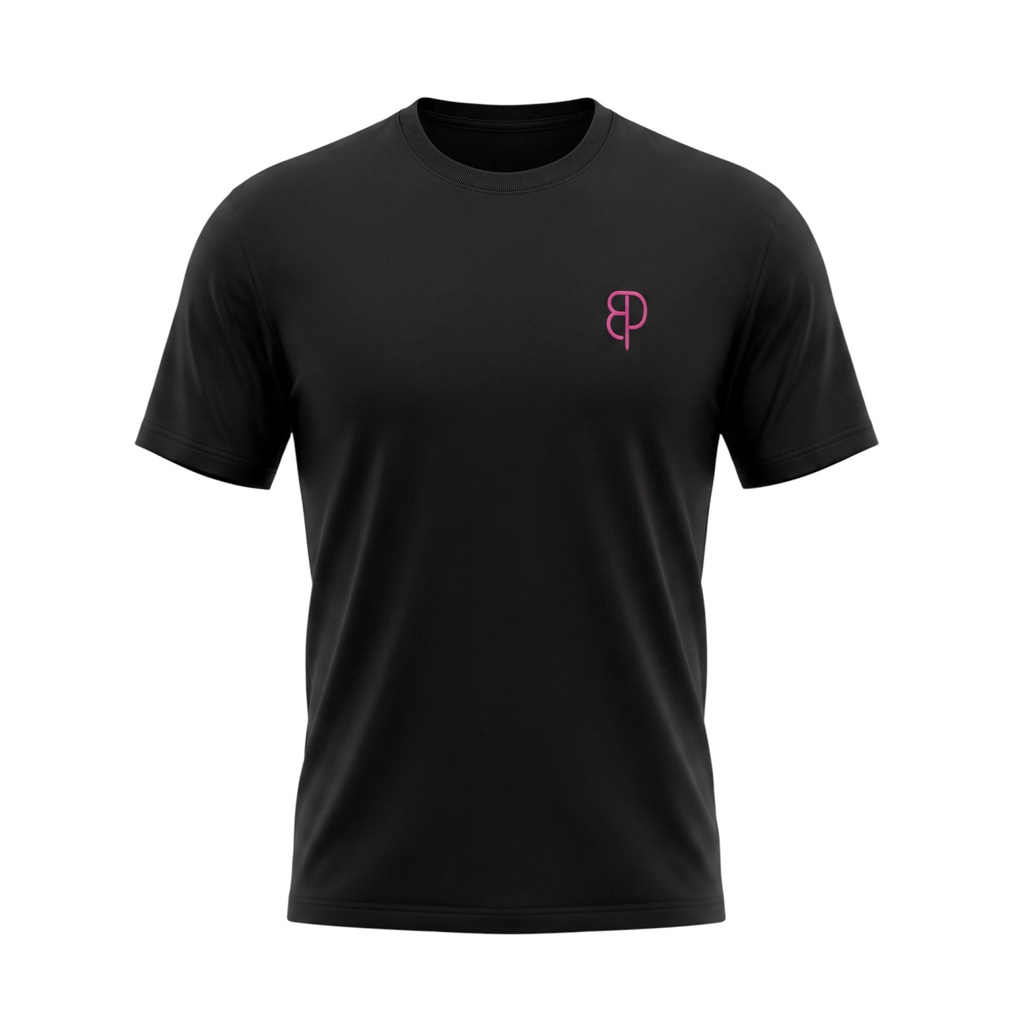 BREAKPOINT Sportswear black unisex drop-shoulder t-shirt with a small pink logo on the chest in breathable knit fabric