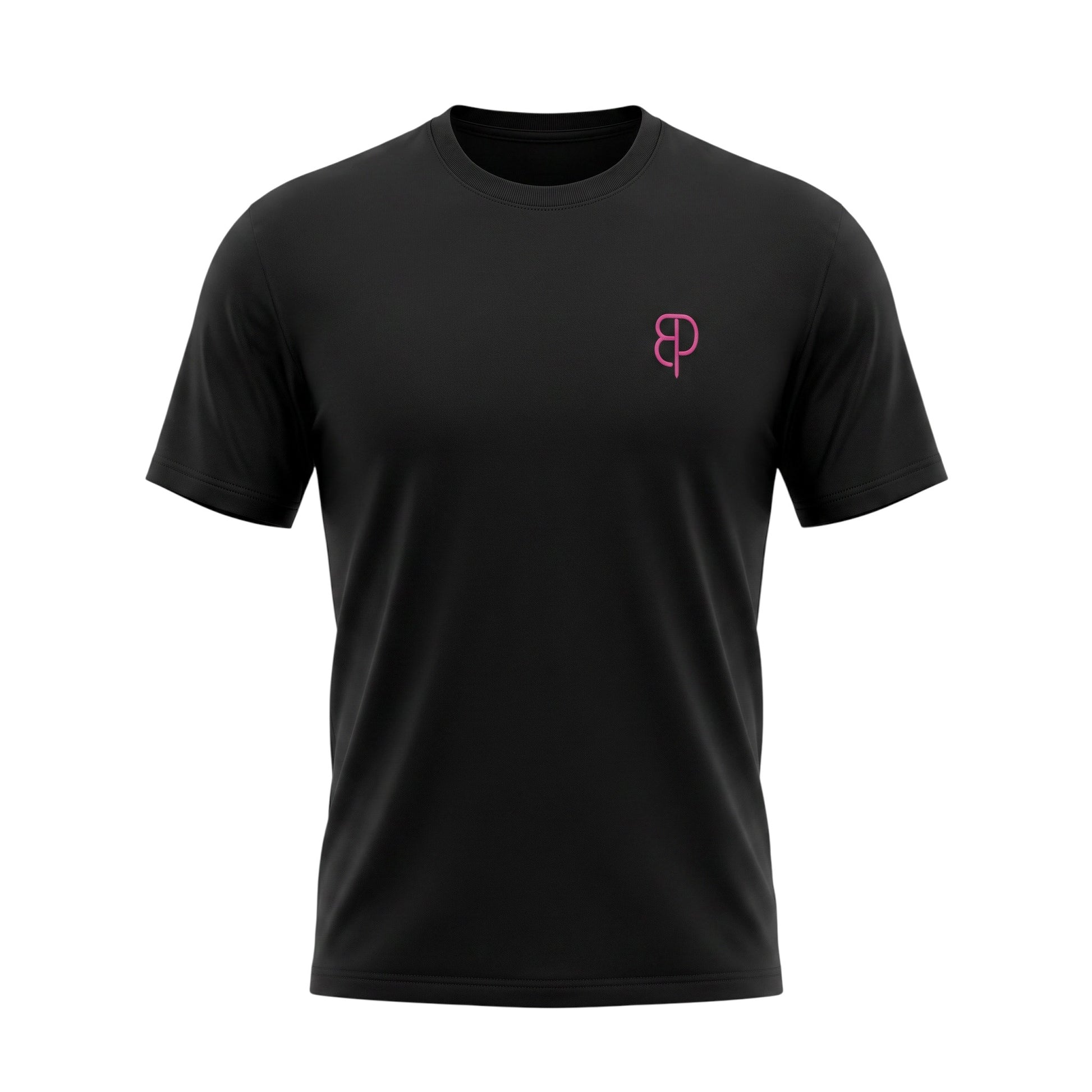 BREAKPOINT Sportswear black unisex drop-shoulder t-shirt with a small pink logo on the chest in breathable knit fabric