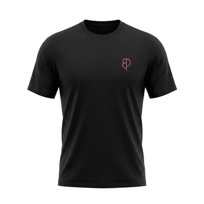 BREAKPOINT Sportswear black unisex drop-shoulder t-shirt with a small pink logo on the chest in breathable knit fabric
