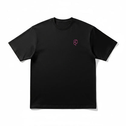 BREAKPOINT Sportswear black unisex drop-shoulder t-shirt with a small pink logo on the chest.