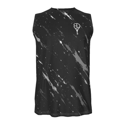 BREAKPOINT Sportswear men's black sleeveless tank top with white paint splatter print and crew neck design.