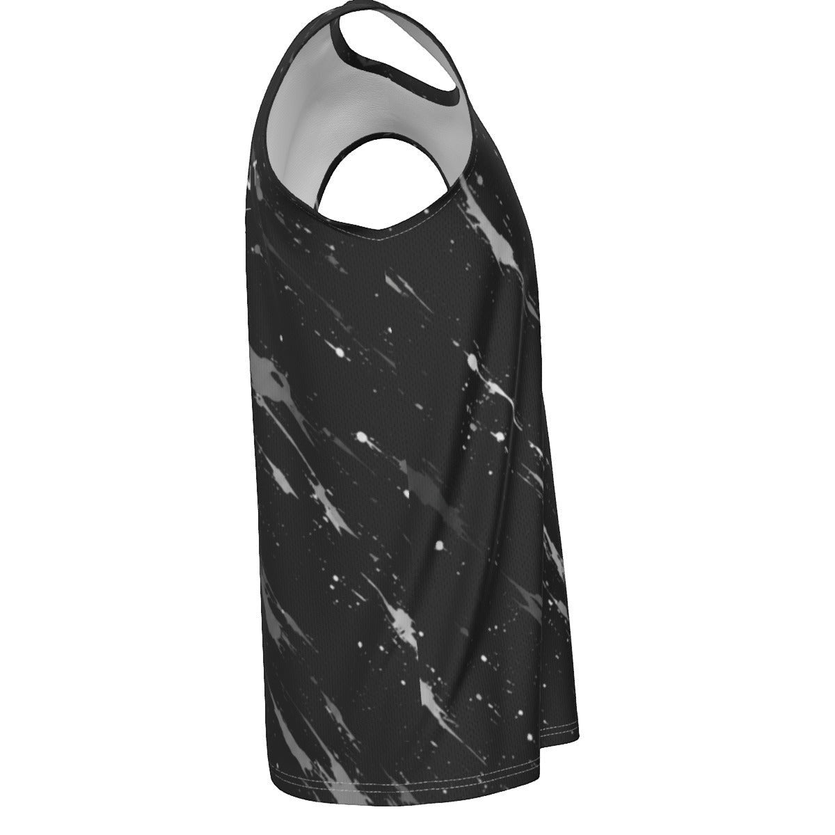 BREAKPOINT Sportswear men's sleeveless tank top in black with a white paint splatter pattern, side view.