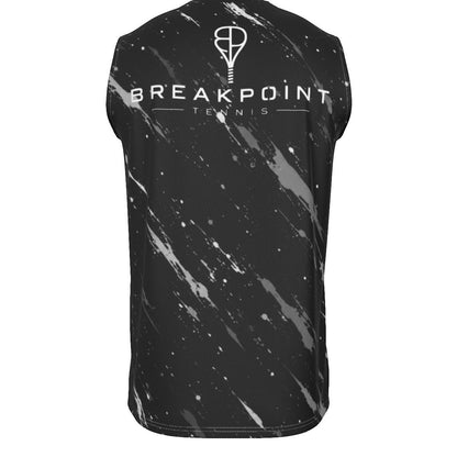 Back view of a black BREAKPOINT Sportswear tank top with a white paint splatter pattern and tennis logo.
