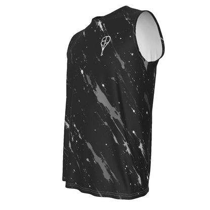 BREAKPOINT Sportswear men's black sleeveless tank top with white paint splatter print and crew neck design.