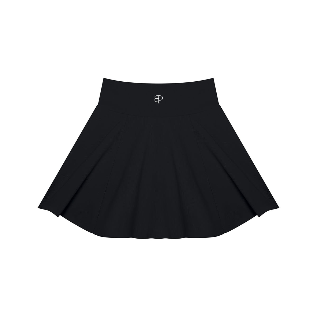 BREAKPOINT Sportswear black pleated A-line tennis skirt worn by a smiling woman with a matching athletic tank top