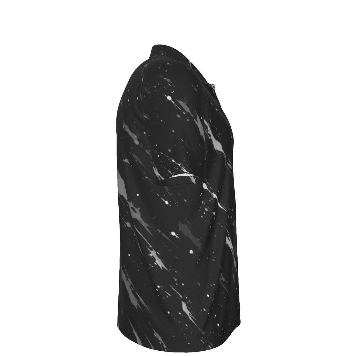 BREAKPOINT Sportswear men's black heavyweight polyester polo shirt with white splatter print, side view