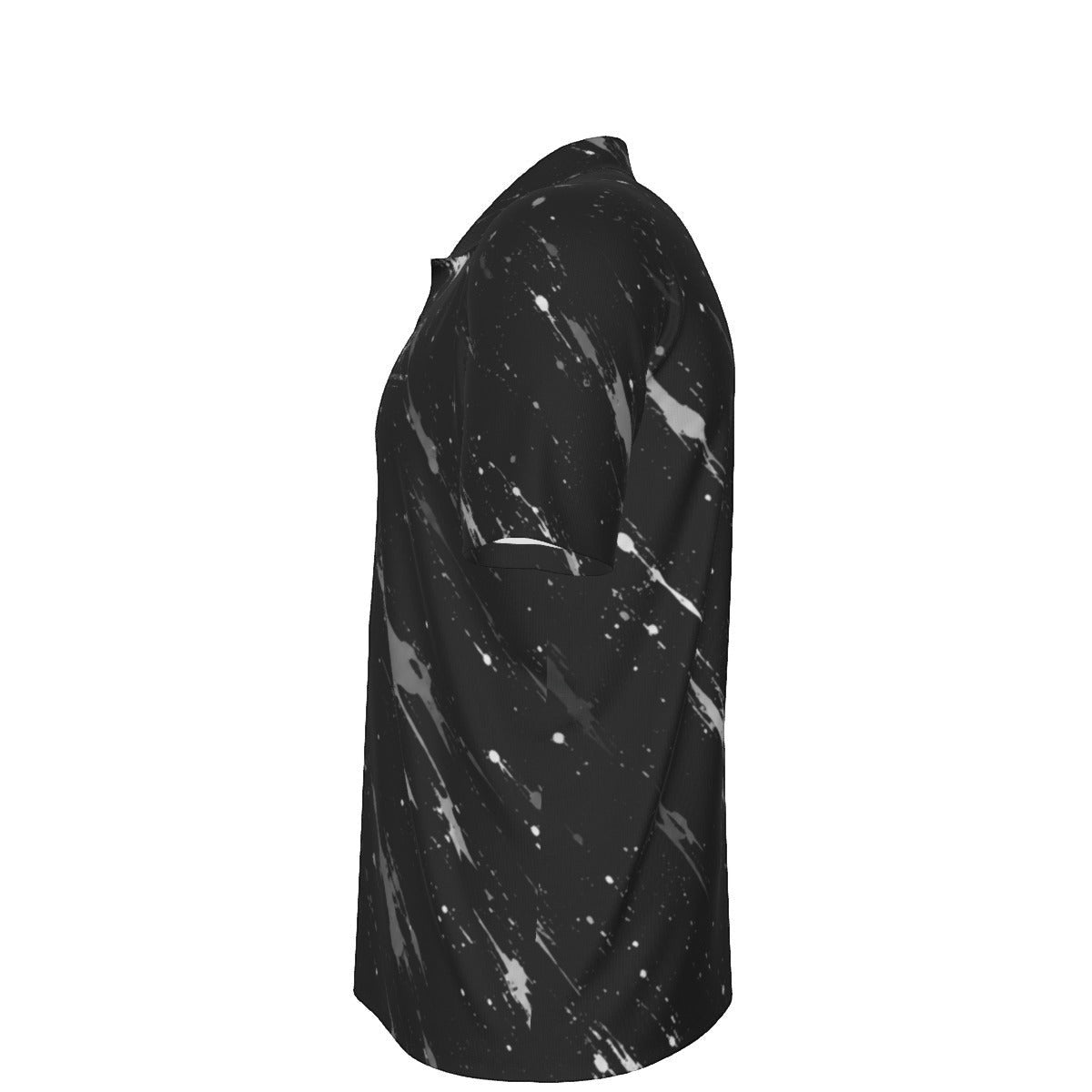 BREAKPOINT Sportswear men's black heavyweight polyester polo shirt with white splatter print, side view